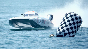 FUJAIRAH, UNITED ARAB EMIRATES - APRIL 07: Giovanni Carpitella and Marco Pennesi of T-Bone Station race for pole position during the Fujairah Grand Prix - the first round of the UIM XCAT World Series 2016 where 14 boats are competing. XCAT, short for extreme catamaran, is one of the most challenging and extreme forms of powerboat racing in the world at the Fujairah International Marine Sports Club on April 7, 2016 in Fujairah, United Arab Emirates. (Photo by Warren Little/Getty Images for XCAT )