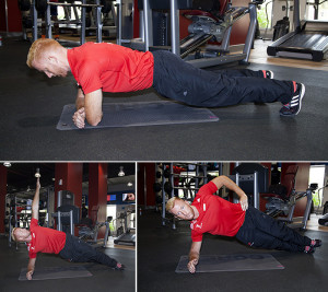 Side plank rotation with hip lift